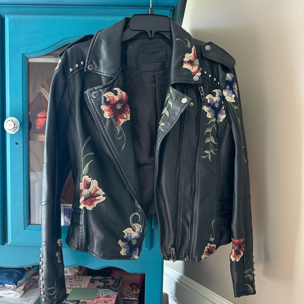 Blank NYC Black Leather Jacket with Floral Embroidery